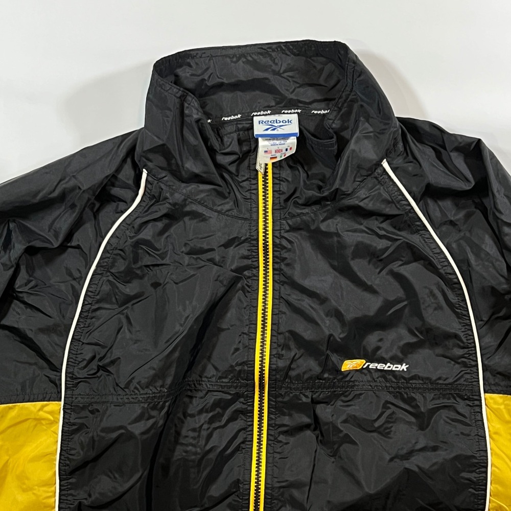 VTG Reebok Windbreaker Track Jacket Mens L Black Yellow Zip Sportswear Retro 90s